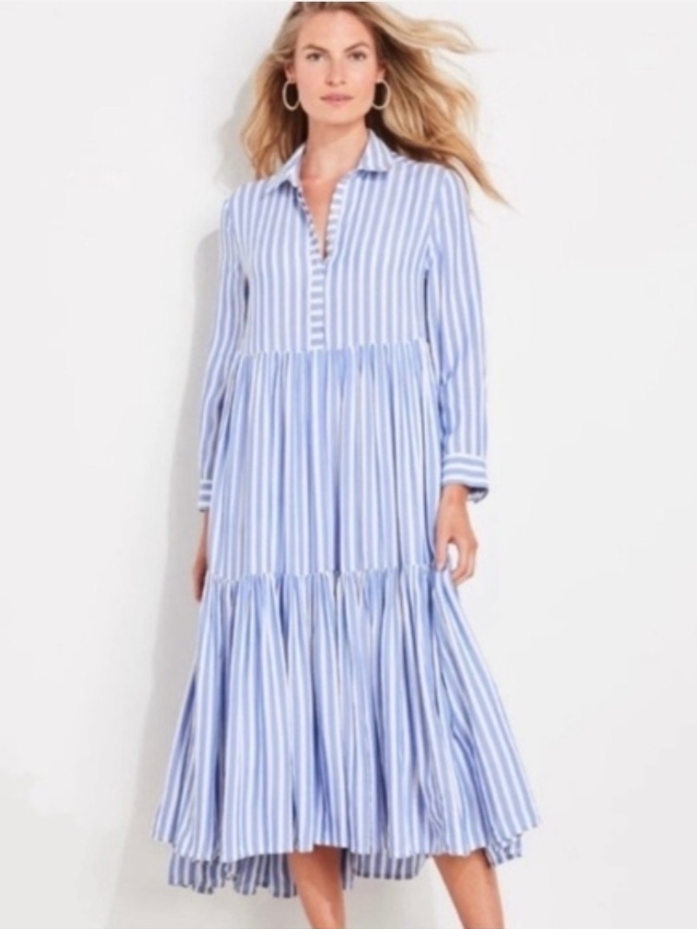 Vineyard Vines Sail Stripe Tiered Collar Blue White Cotton Tiered Midi Dress 14
